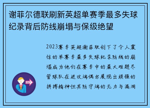 谢菲尔德联刷新英超单赛季最多失球纪录背后防线崩塌与保级绝望 谢菲尔德联刷新英超单赛季最多失球纪录背后防线崩塌与保级绝望